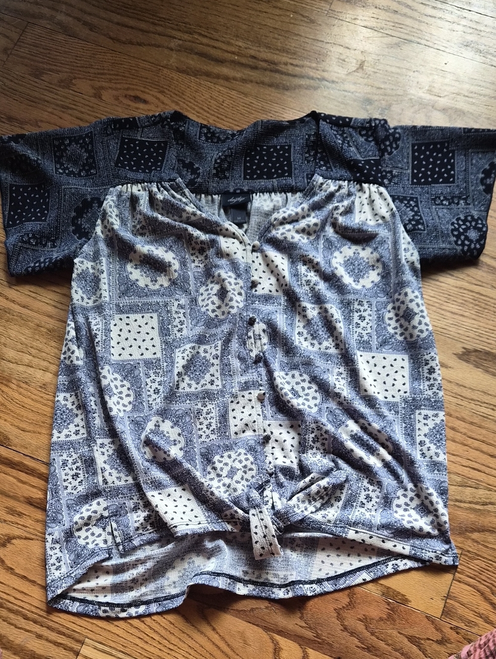 Daytrip Navy and White Patterned Knot-Front WomensTop
